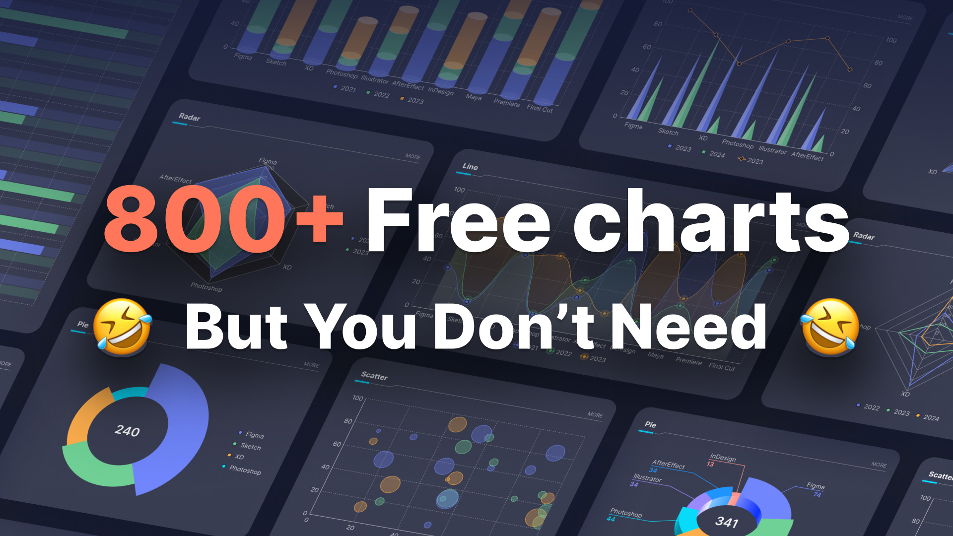 Charts - Line chart \\ Bar chart \\ Pie chart \\ Donut \\ Radar \\ Scatter cahrt \\ Buble \\ Radial