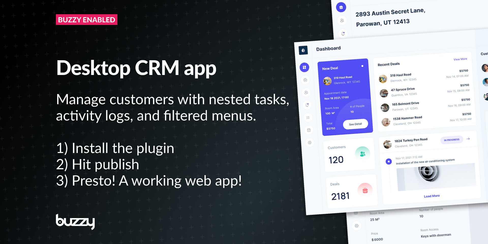 CRM app with customers, deals, nested data, tasks and menu filtering