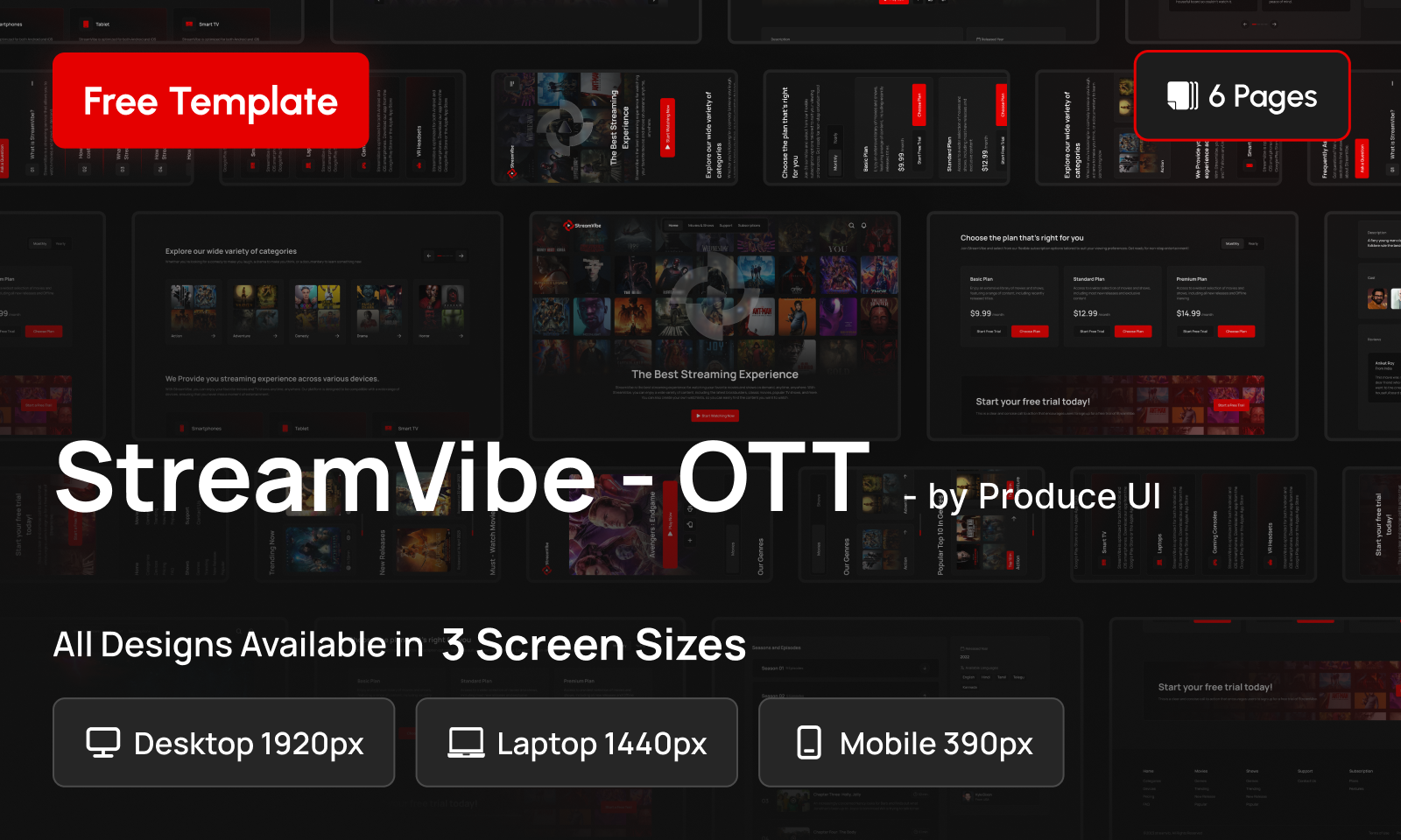 OTT Dark Theme Website UI Design Template for Media Streaming, Movies and TV