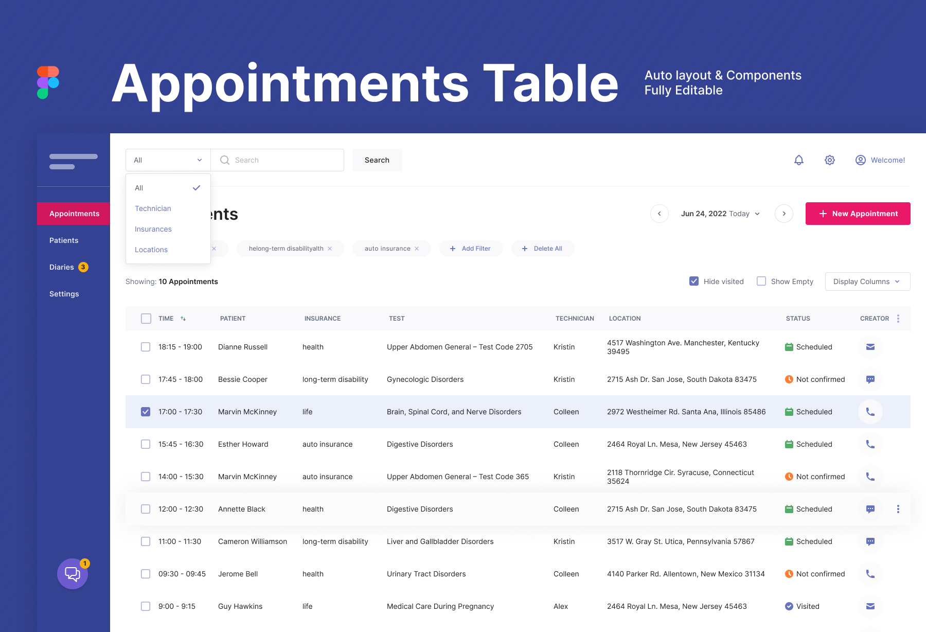 Table of Appointments / Desktop Dashboard